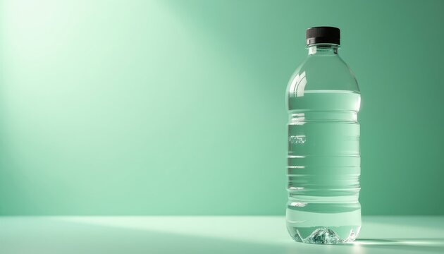 Clear water bottle sits on light green surface with soft shadows. Clean refreshing drink container ready for thirst quenching. Pure liquid freshness for health and wellness.