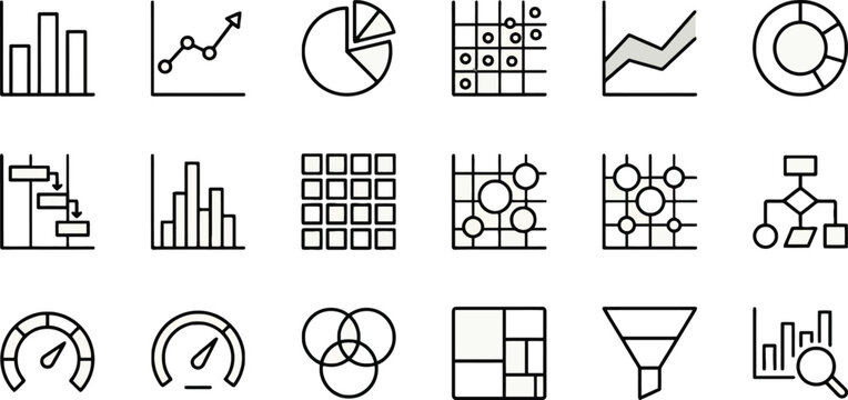 Business data analysis icons set line style on a white background