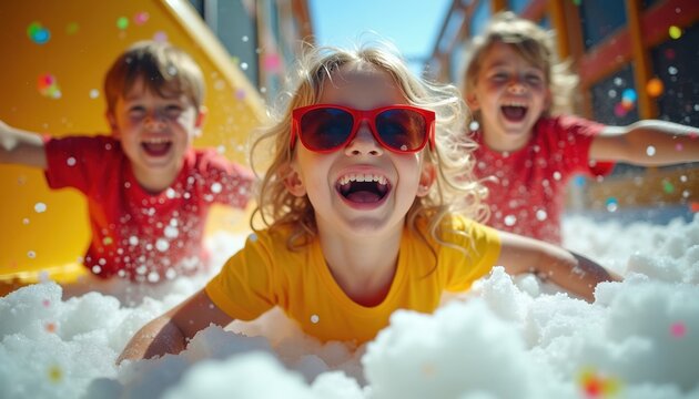Three happy kids play together in foam pit with confetti falling. Children laugh and smile, enjoying fun time in playground activity. Youthful friends share moment of pure joy.