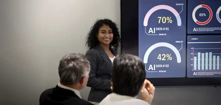 Using Ai. Business team discussing AI analytics and digital strategy during a corporate meeting. Professional presentation with Ai data dashboards charts and technology insights in a modern office.