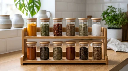 Spice jars on wooden kitchen counter. © Mustafa Stock