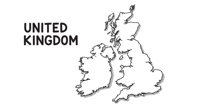 United Kingdom map with hand-drawn sketch style and bold text featuring outline, geography, illustration with country and borders elements for
