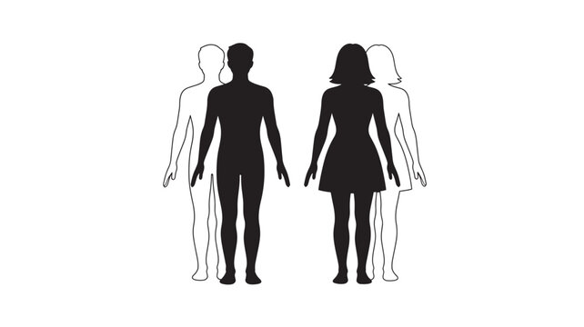 People silhouettes set with different body types and postures featuring human figures, black and white, line art with vector illustration and diverse