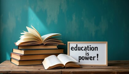 Obraz premium Stack of hardback books beside an open book and framed text saying education is power. Teal textured background and wooden table create a studious atmosphere.