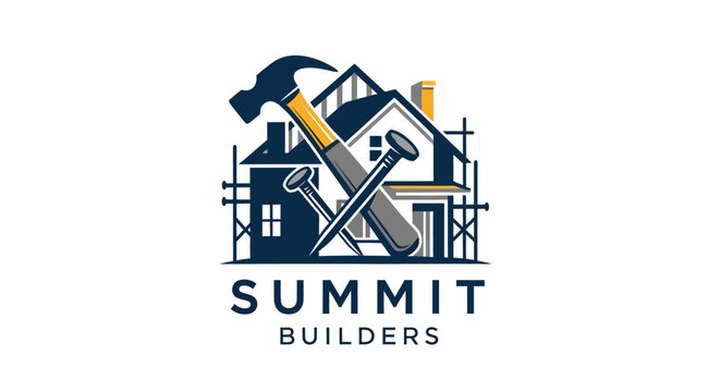 Summit Builders Logo: Hammer, Nails, and House Construction Concept