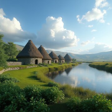 Ancient stone huts with thatched roofs line a calm riverbank in a green valley. These prehistoric dwellings reflect early human settlements and history. Mountains rise in background under blue sky.