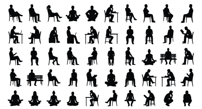 A professional vector silhouette sheet featuring 50 different sitting poses .eps