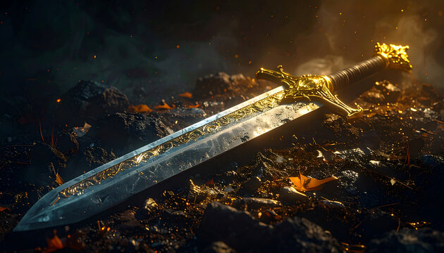 Epic Fantasy Sword Lying on a Battlefield Amidst Debris and Fire.