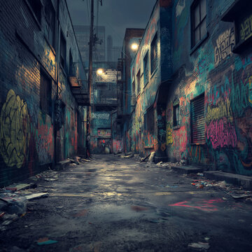 Dirty streets graffiti walls chaotic city life