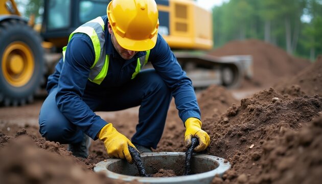 Worker in hard hat and vest cleans underground pipe with tool. Excavator nearby, construction site work, sewage system maintenance, dirty soil around.