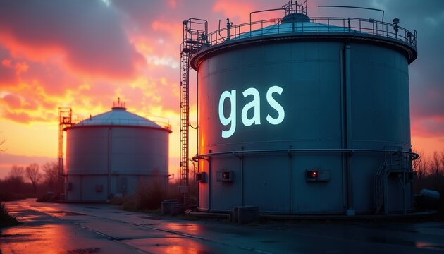Large industrial tanks store liquefied natural gas. Metal reservoirs hold fuel for energy production. Infrastructure for gas supply, global power grid, energy industry.