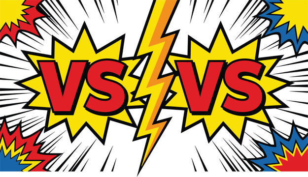 Pop art versus battle background with lightning bolt and comic speech bubbles