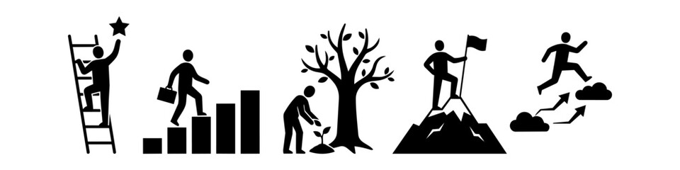 Set of conceptual business icons illustrating success, growth, career progression, and achieving goals through effort and ambition. Minimalist black silhouettes on a white background. © Nort Kor