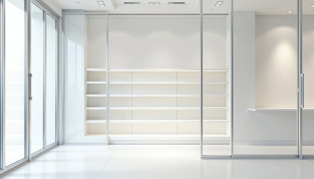 Modern minimalist store interior. Empty white shelves and display space. Large glass windows offer natural light. Ideal for retail, boutique, or showroom mockups and designs.