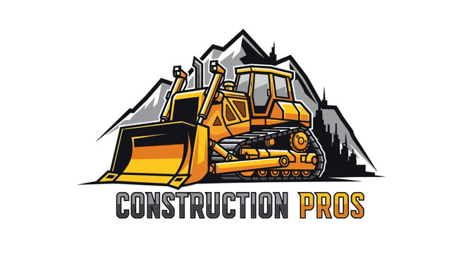 Yellow bulldozer in front of mountains, construction company logo