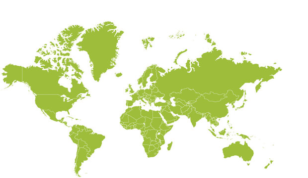 Light green map of the world split into individual countries. High detail world map