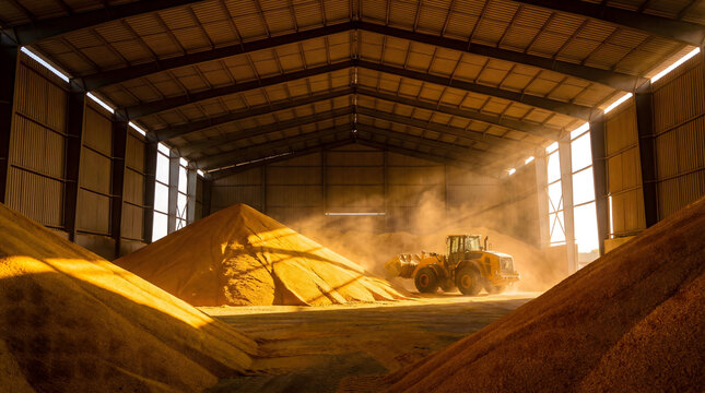 Wheel loader moving bulk fertilizer inside a dusty agricultural storage warehouse
