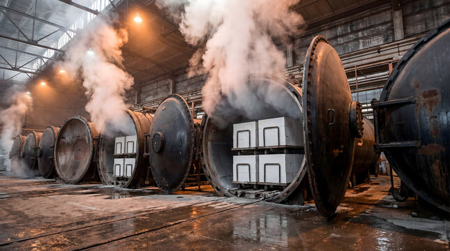 Industrial autoclaves releasing steam during AAC block curing in manufacturing plant