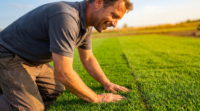 Smiling landscape contractor inspecting green turf in golden hour light