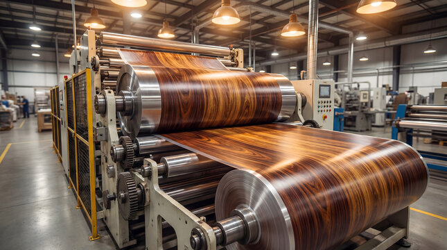 Industrial PVC film printing machine rolling wood grain laminate in factory