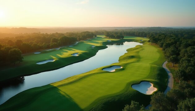 Rich green golf course landscape with calm water hazard. Trees border manicured fairways and sand bunkers under a bright clear sky. Serene top down view of a spacious fairways and greens.