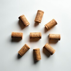 Naklejka premium Nine wine corks arranged in a circle on a white surface. Natural brown stoppers from wine bottles create a simple, textured composition. Top view flat lay style.
