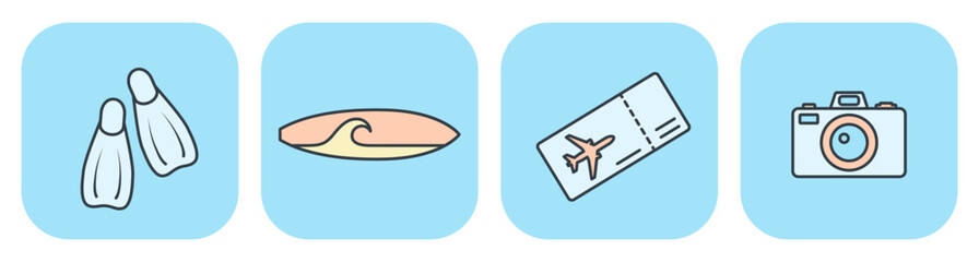 Flat vector icons of travel gear: flippers, surfboard, flight ticket, and camera. Illustrations for summer and vacation design © Назарій
