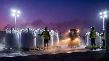 Naklejka premium Workers handling bulk bags by forklift at industrial site under dramatic night sky