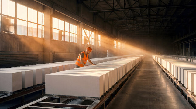 Worker inspecting AAC blocks on production line in sunlit industrial warehouse