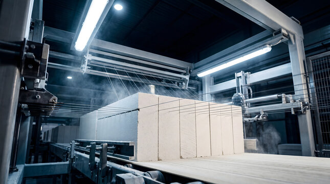 Automated wire cutting machine slicing autoclaved aerated concrete blocks in factory