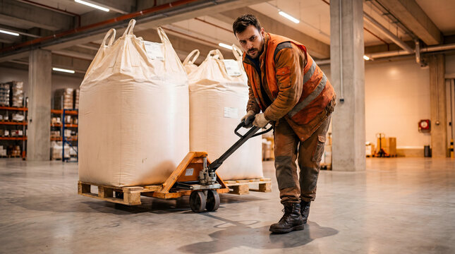 Warehouse worker pulling pallet jack loaded with bulk bags indoors