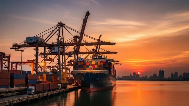 Container Ship At Port Being Loaded With Containers Under Sunset With City Skyline For Logistics Global Trade Projects Showcasing International Shipping