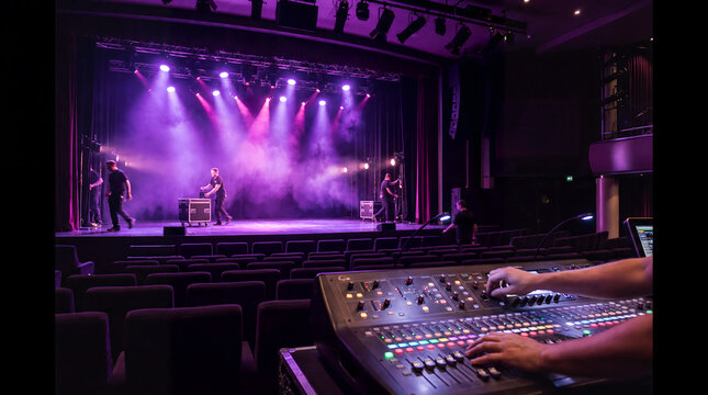 Theater stage lighting technician operating mixing console during rehearsal with purple fog