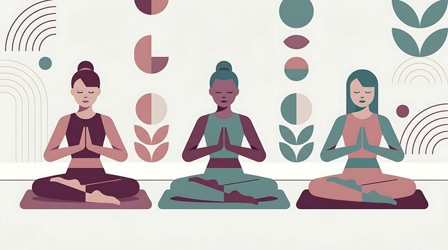 Diverse women practicing yoga and meditation in lotus pose with minimalist boho abstract background for wellness and mindfulness concept