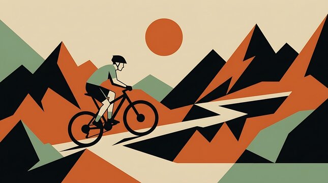 Cyclist riding mountain bike on winding path through geometric mountain range at sunset minimalist flat design illustration