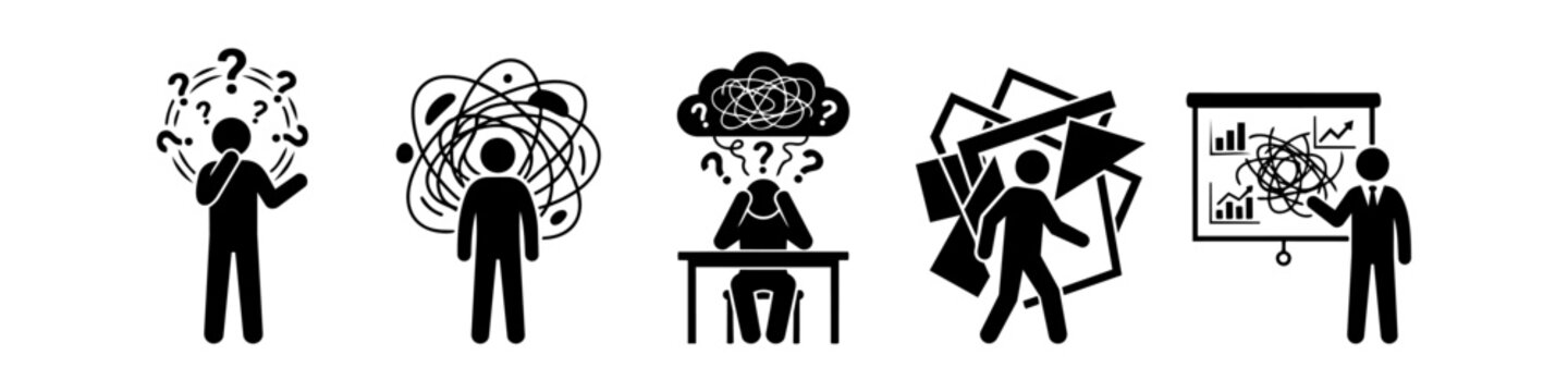 Vector icon set depicting confusion, mental stress, and chaotic business situations. Pictograms show people dealing with disorganized data, information overload, and complex problem-solving.