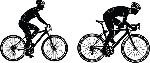 Obraz premium Cyclist silhouettes riding road bicycles in different positions, professional cycling motion isolated on white background for sports and fitness design