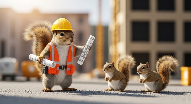 Cute Squirrel Worker in Hardhat and Vest Holds Blueprint on Miniature Construction Site