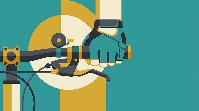 Close-up flat design vector illustration of cyclist hand gripping bicycle handlebars with brake and bell against minimalist geometric background