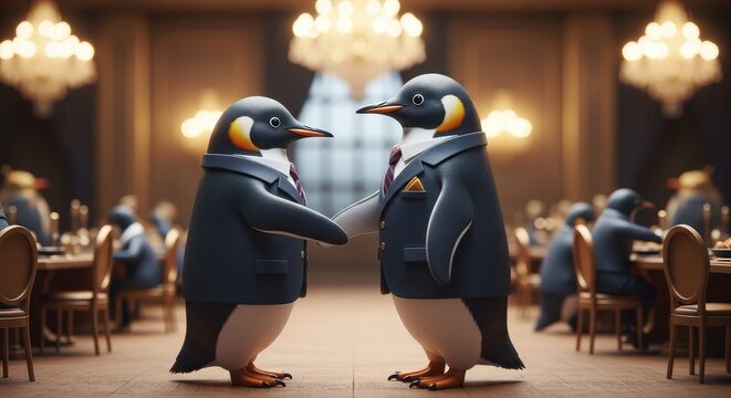 Two formally dressed penguins in business suits shaking hands in an elegant hall with a diploma emblem