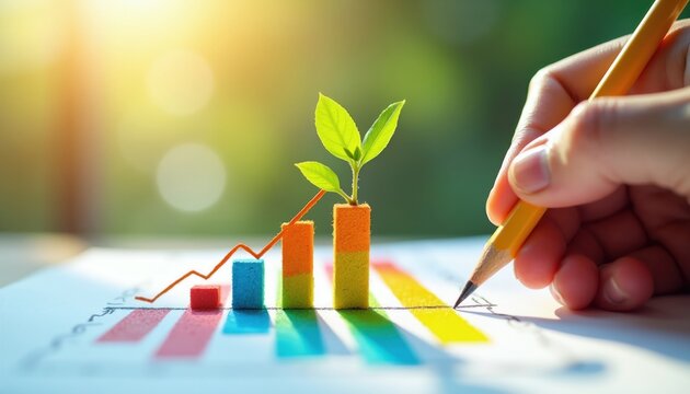 Hand draws colorful graph with plant symbolizing growth. Success planning analysis and business development concept. Investment strategy for finance improvement.