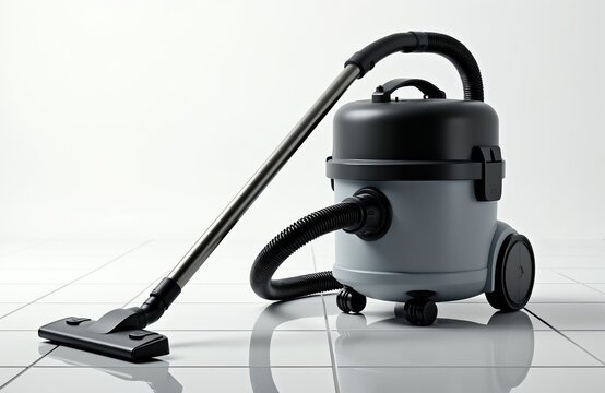 Gray canister vacuum cleaner with hose and wand on white tiled floor. Domestic appliance for deep carpet and floor cleaning. Modern home dust removal tool for tidy living space.