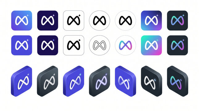 meta ai logo icon set, 3d isometric social media button, infinity symbol with sparkle, artificial intelligence assistant app icons, flat and gradient vector signs for web and mobile apps