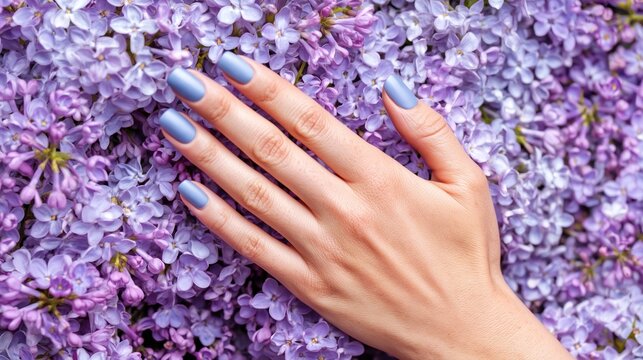 Hand with periwinkle matte manicure resting on a bed of fresh vibrant lilac flowers, representing spring beauty, floral cosmetics, and gentle skin care