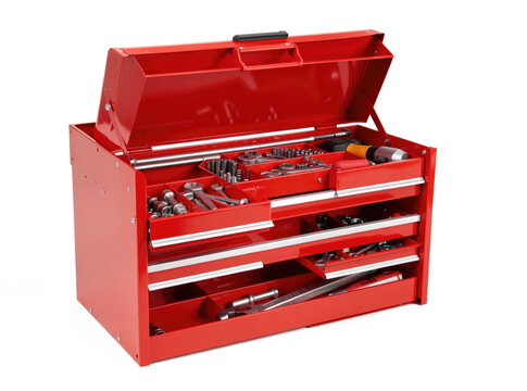 A red tool box filled with various tools and equipment, ready for use