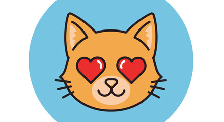 Obraz premium Cute cartoon cat face with heart eyes, love emoji, orange feline head on blue background