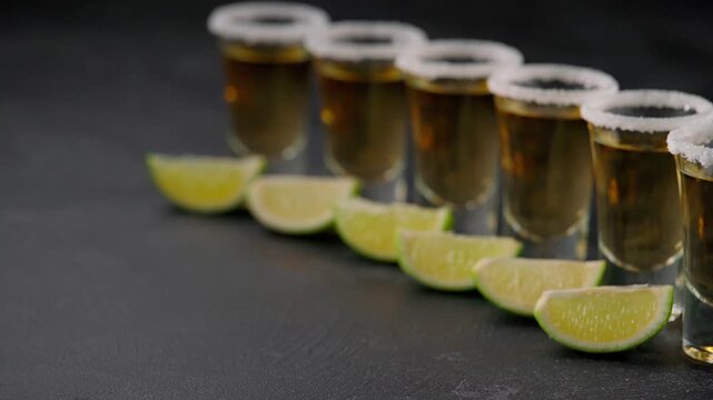 Lot of glasses filled with golden tequila are lined up. Tequila shots . 
Row of classic traditional golden tequila glasses filled Mexican tequila.