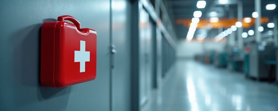 Red first aid kit with white cross symbol mounted on wall in industrial building. Supplies for medical emergencies are ready. Safety preparedness is important.