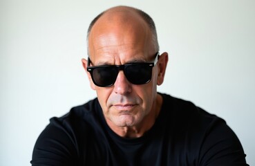 Fototapeta premium Bald man in black t shirt and dark sunglasses. Serious caucasian guy poses on gray background. Mature male model looks directly at camera with calm expression.