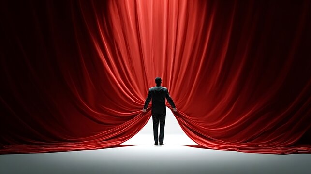 Man unveiling red theater curtain, revealing bright light